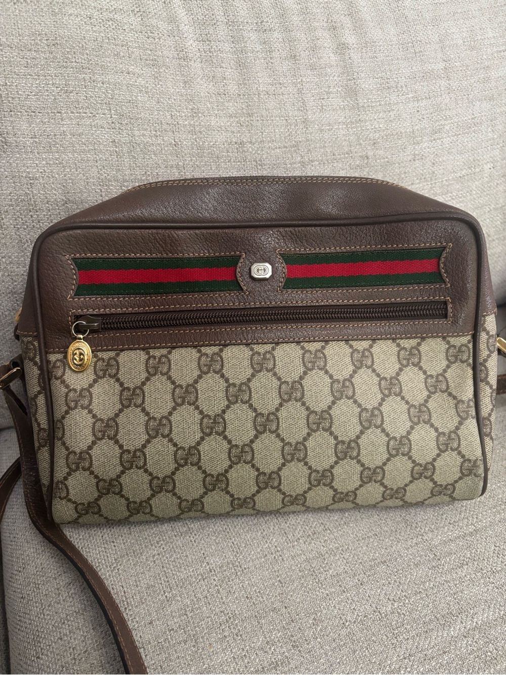GUCCI Vintage GG Sherry Line Shoulder Bag Crossbody PVC Leather Brown x Beige